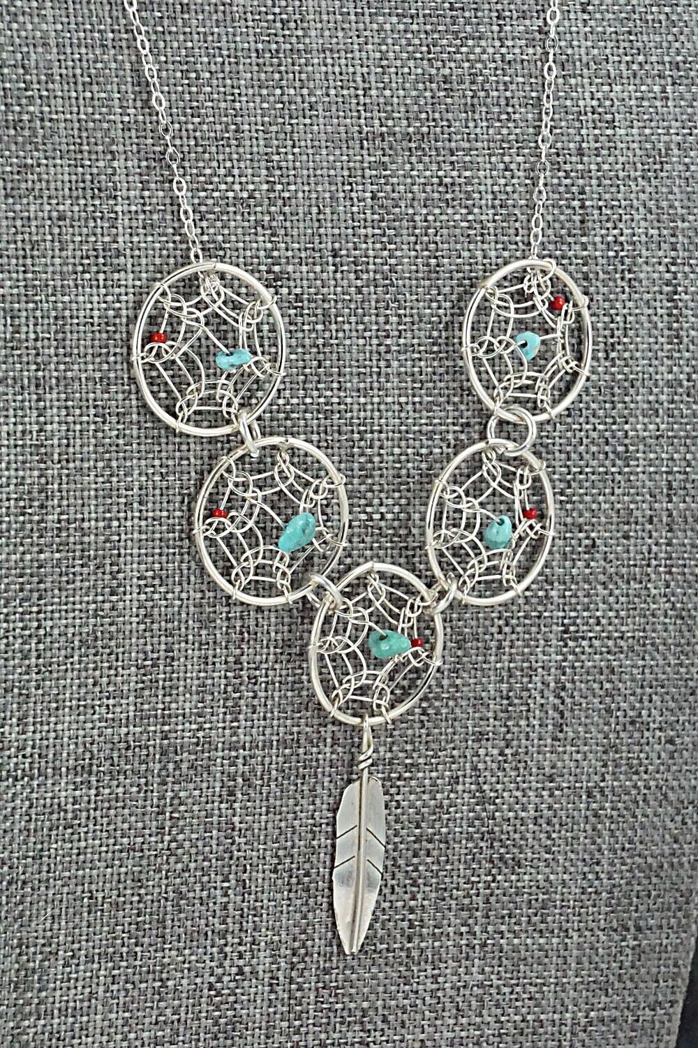 Turquoise, Coral & Sterling Silver Necklace - Lorenzo Arviso Jr.