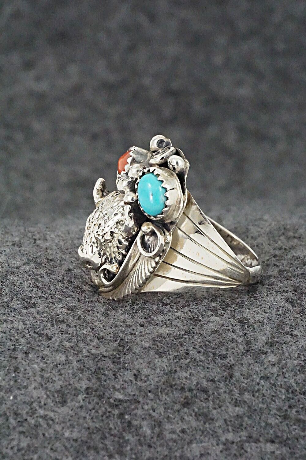 Turquoise, Coral & Sterling Silver Ring - Jeannette Saunders - Size 9.75