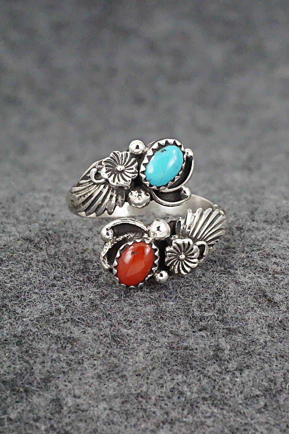 Turquoise, Coral & Sterling Silver Ring - Etta Belin - Size 9.5