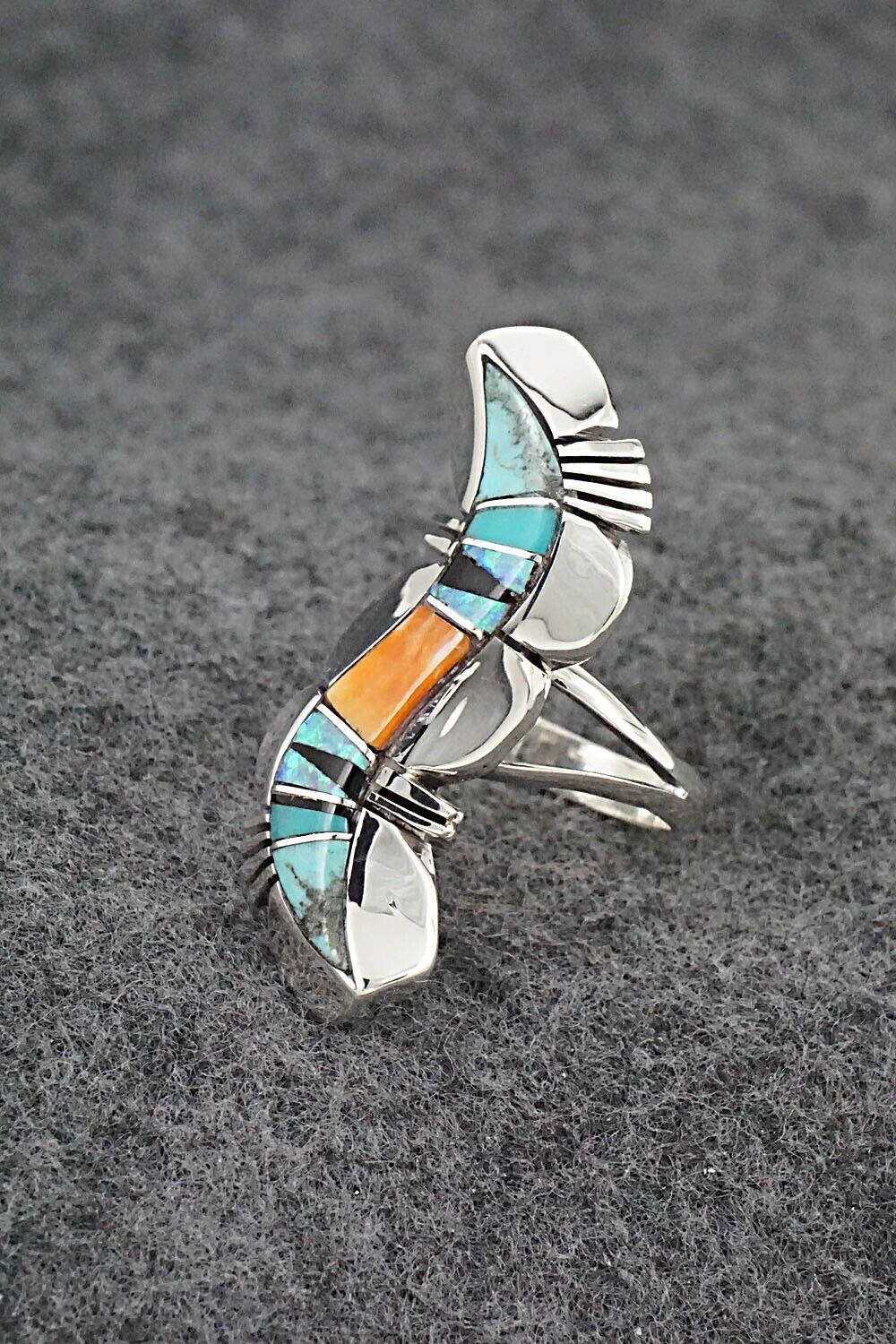Multi-Stone & Sterling Silver Inlay Ring - James Manygoats - Size 6.5