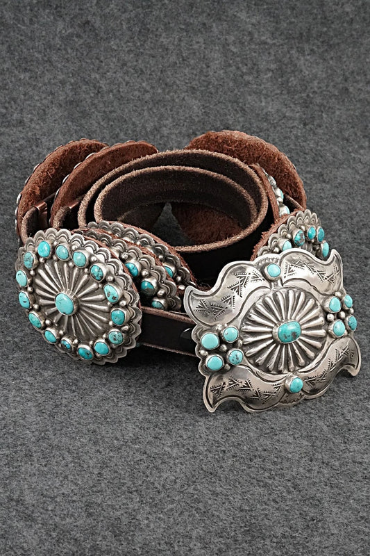 Turquoise, Sterling Silver & Leather Concho Belt - Marilyn Ramone