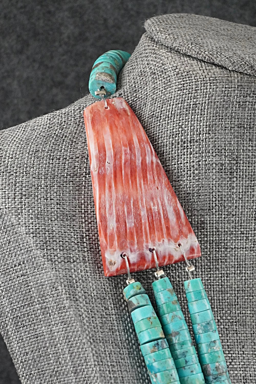 Turquoise, Spiny Oyster and Sterling Silver Necklace - Lupe Lovato