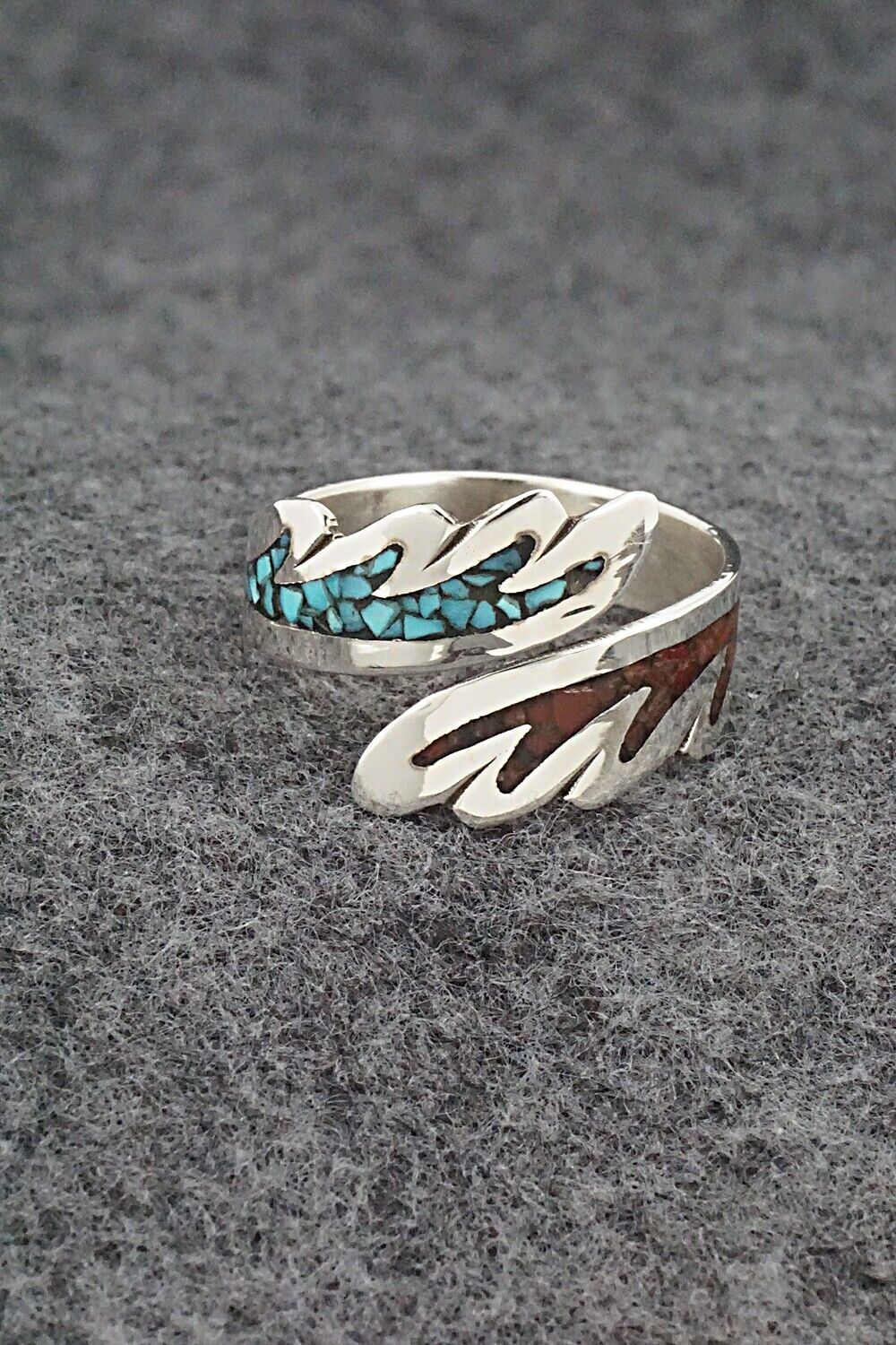 Turquoise, Coral & Sterling Silver Ring - Jolene Yazzie - Size 10.5