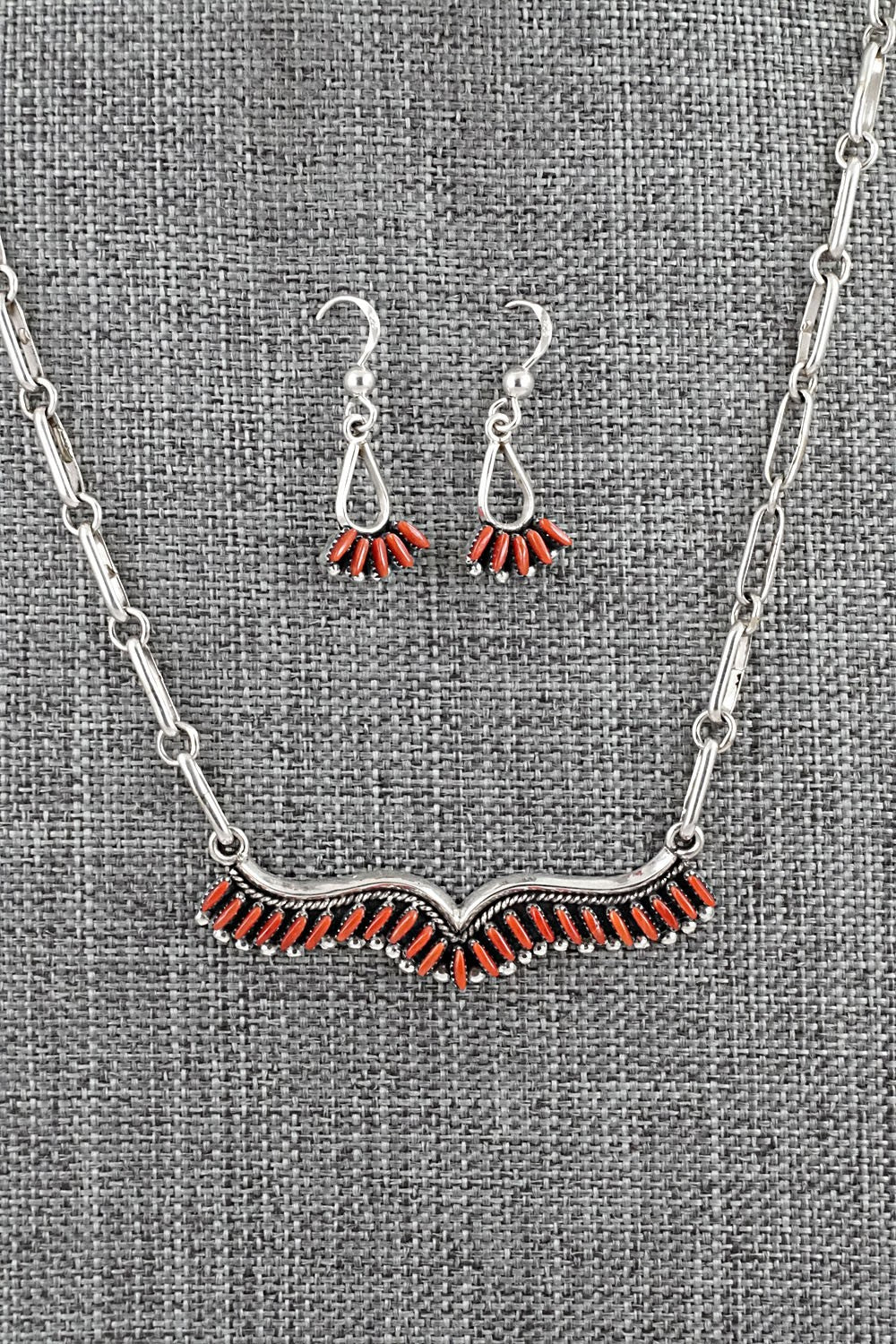 Coral & Sterling Silver Necklace and Earrings Set - Mildred Ukestine