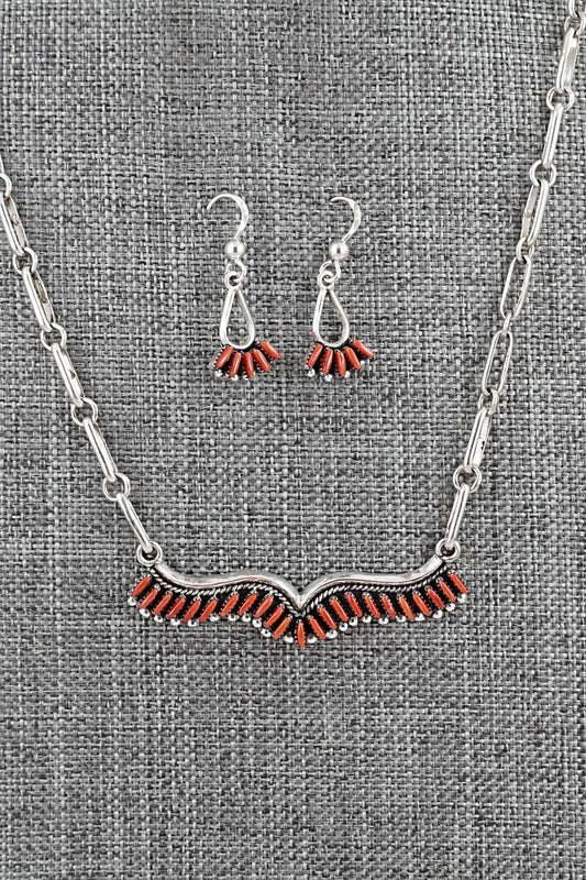 Coral & Sterling Silver Necklace and Earrings Set - Mildred Ukestine