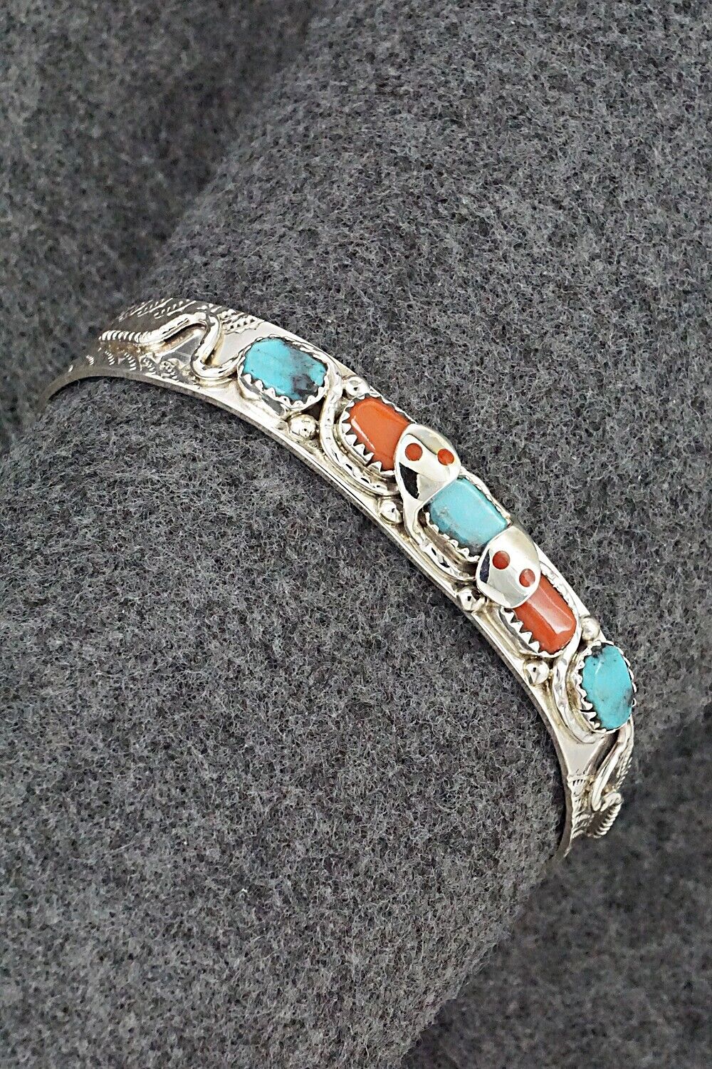 Turquoise, Coral & Sterling Silver Bracelet - Joy Calavaza