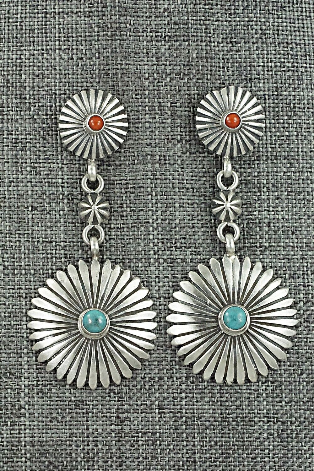 Turquoise, Coral & Sterling Silver Earrings - Verley Betone