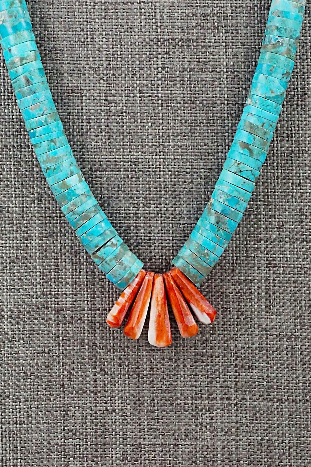 Turquoise, Spiny Oyster and Sterling Silver Necklace - Lupe Lovato