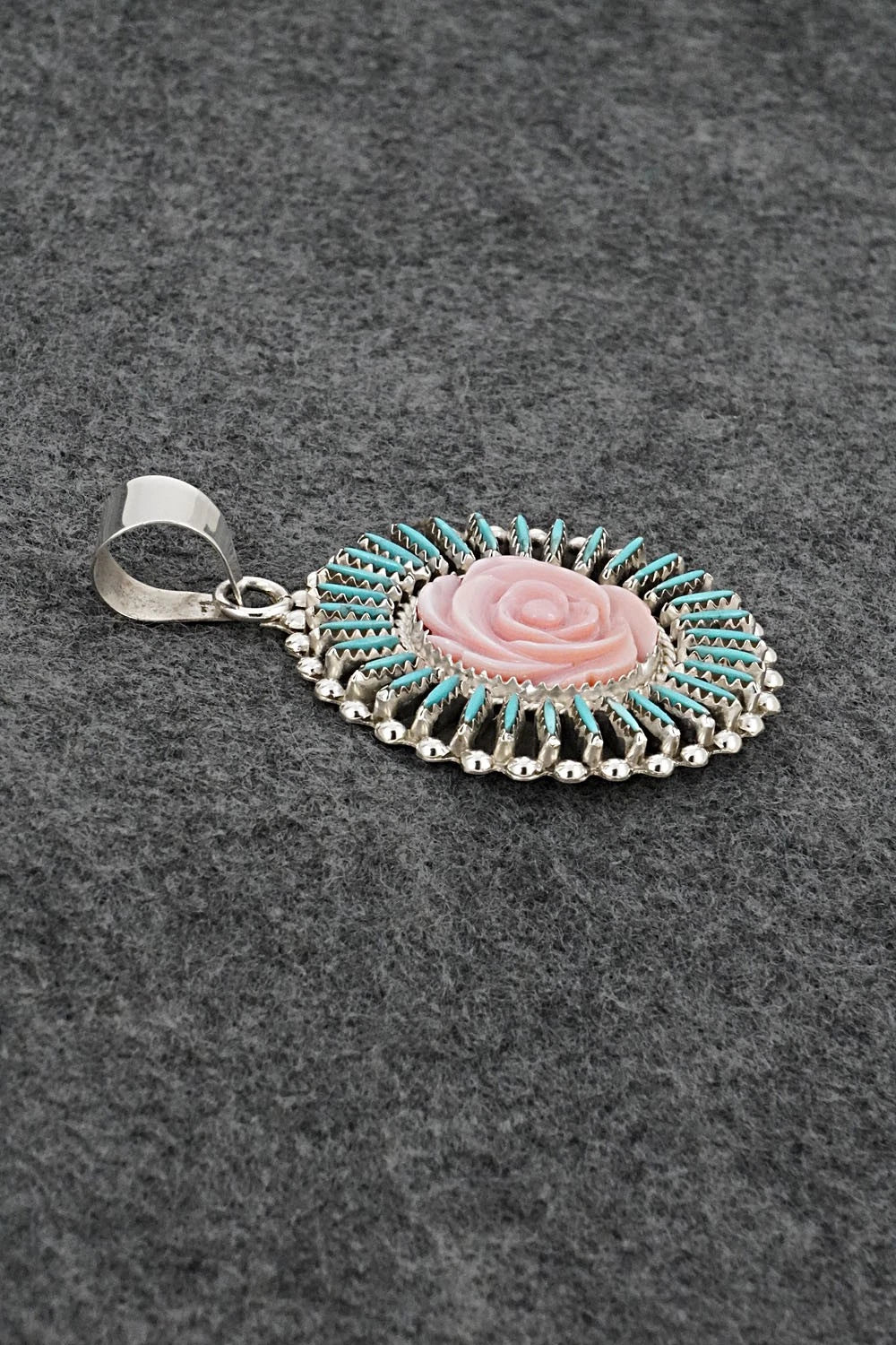 Turquoise, Pink Conch & Sterling Silver Pendant - Roland Francisco