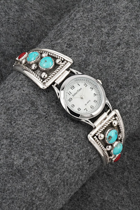 Turquoise, Coral & Sterling Silver Watch Bracelet - Paul Largo