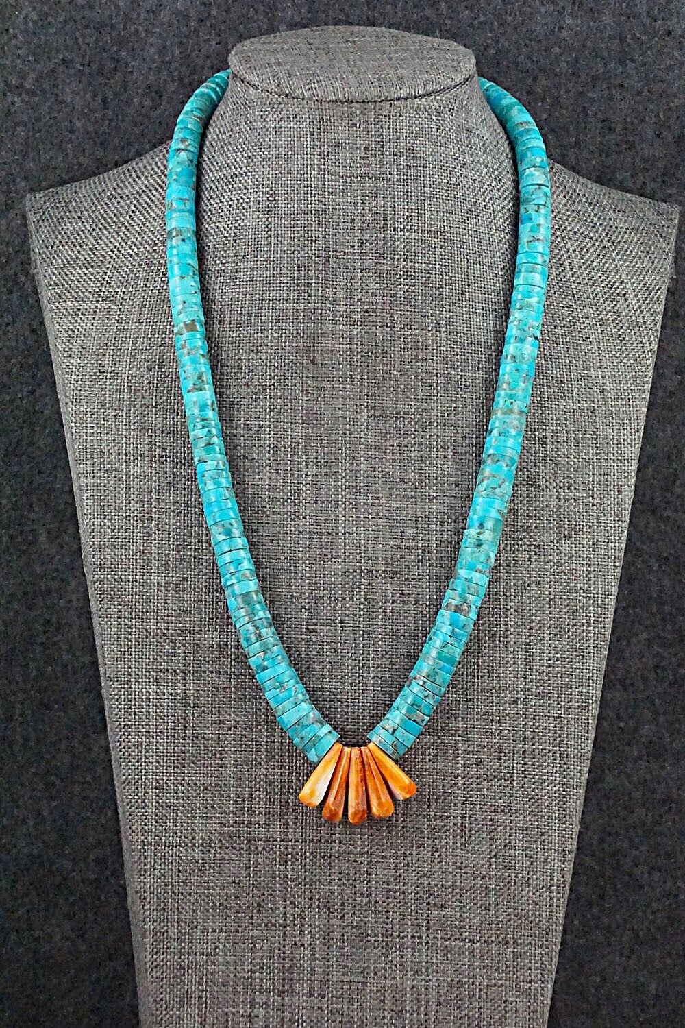 Turquoise, Spiny Oyster and Sterling Silver Necklace - Lupe Lovato