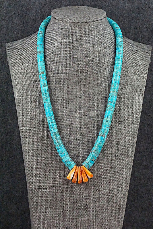 Turquoise, Spiny Oyster and Sterling Silver Necklace - Lupe Lovato