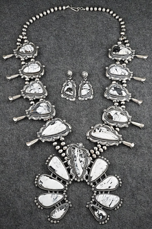 White Buffalo & Sterling Silver Squash Blossom Set - Raymond Delgarito