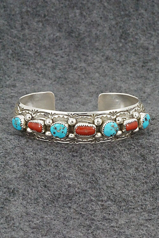 Coral, Turquoise & Sterling Silver Bracelet - Grace Silver