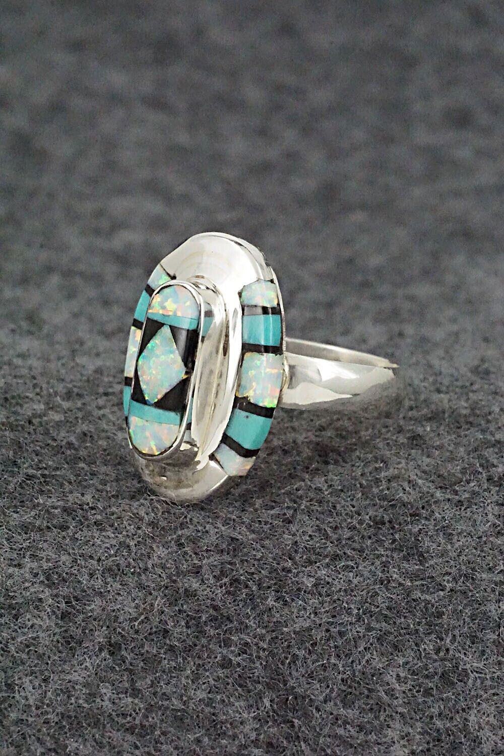 Turquoise, Onyx, Opalite & Sterling Silver Ring - Ophelia Panteah - Sz. 8