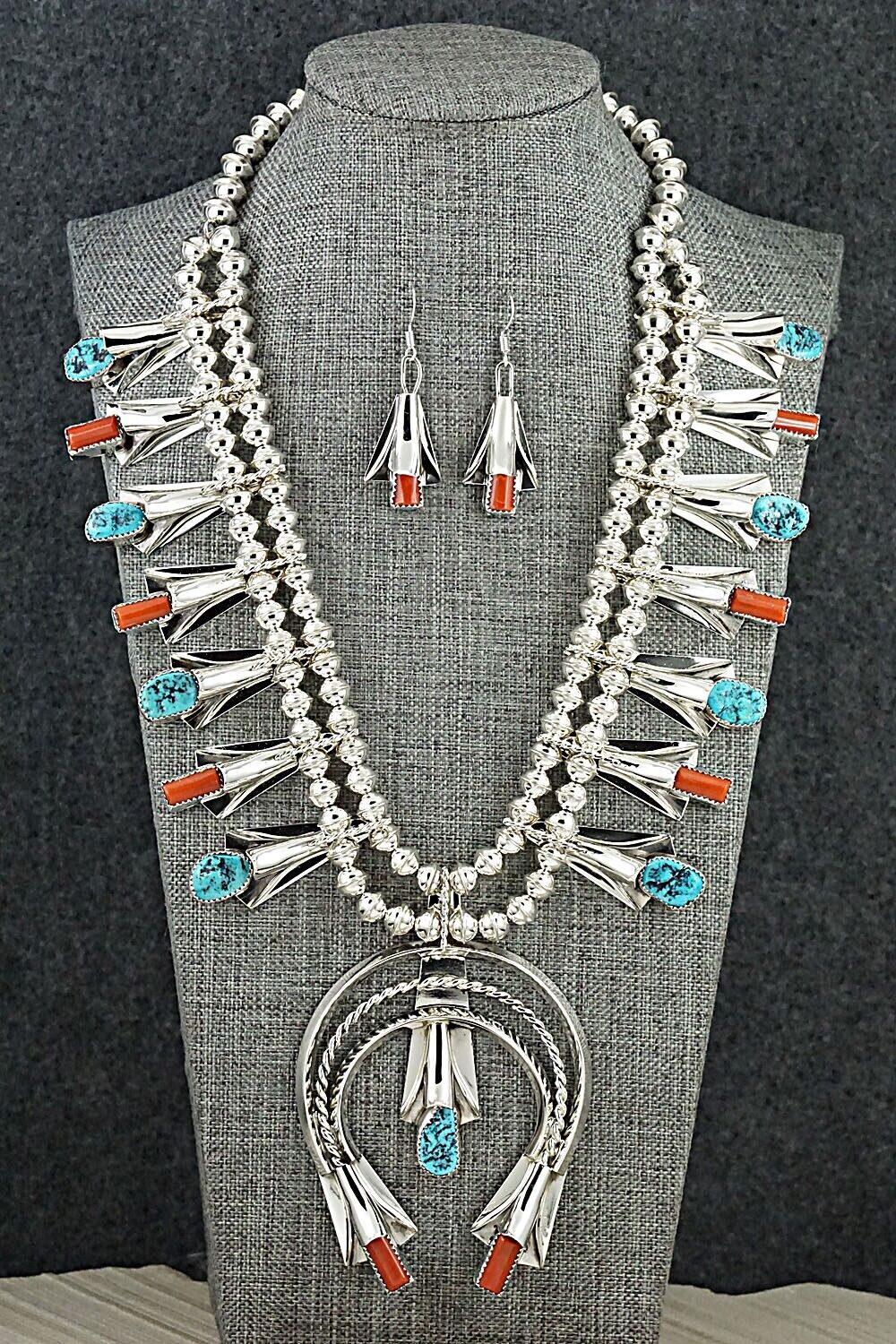 Turquoise, Coral & Sterling Silver Squash Blossom Set - Louise Yazzie