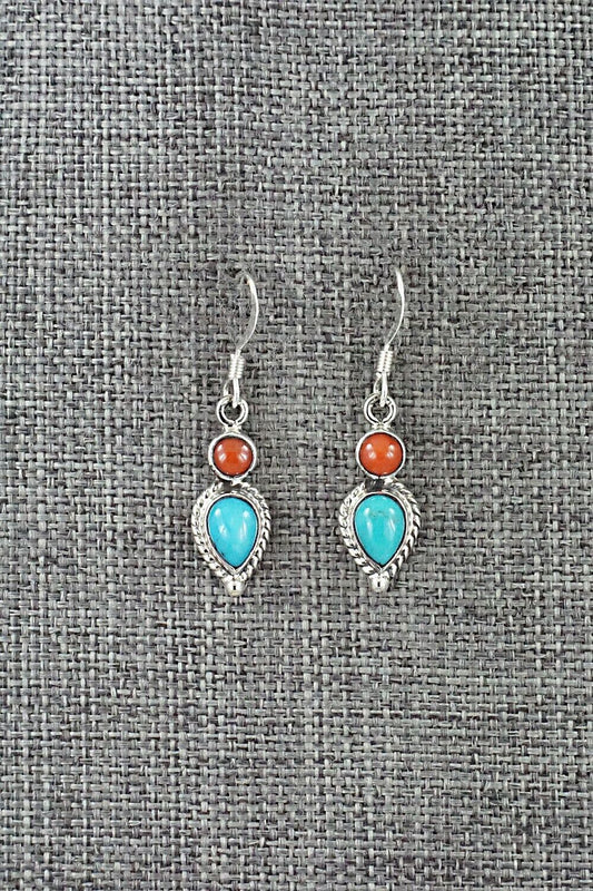 Turquoise, Coral & Sterling Silver Earrings - Verley Betone