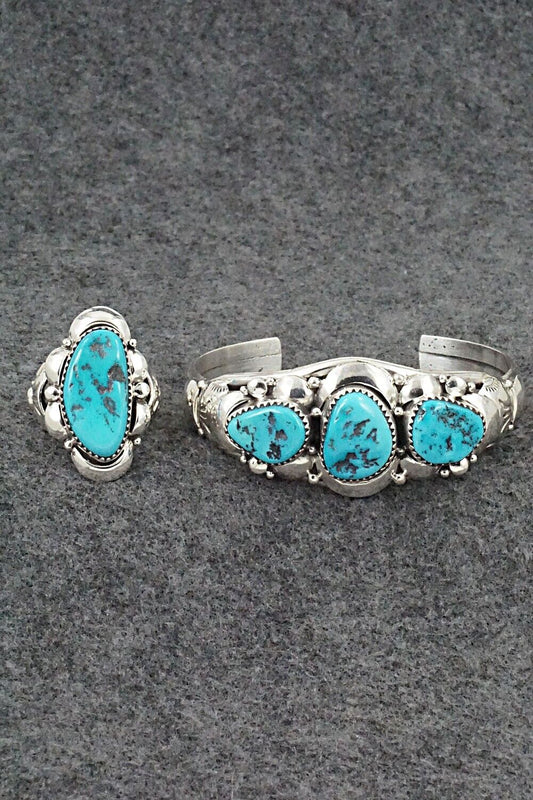 Turquoise and Sterling Silver Bracelet & Ring Set - Clem Nalwood - Size 7.25