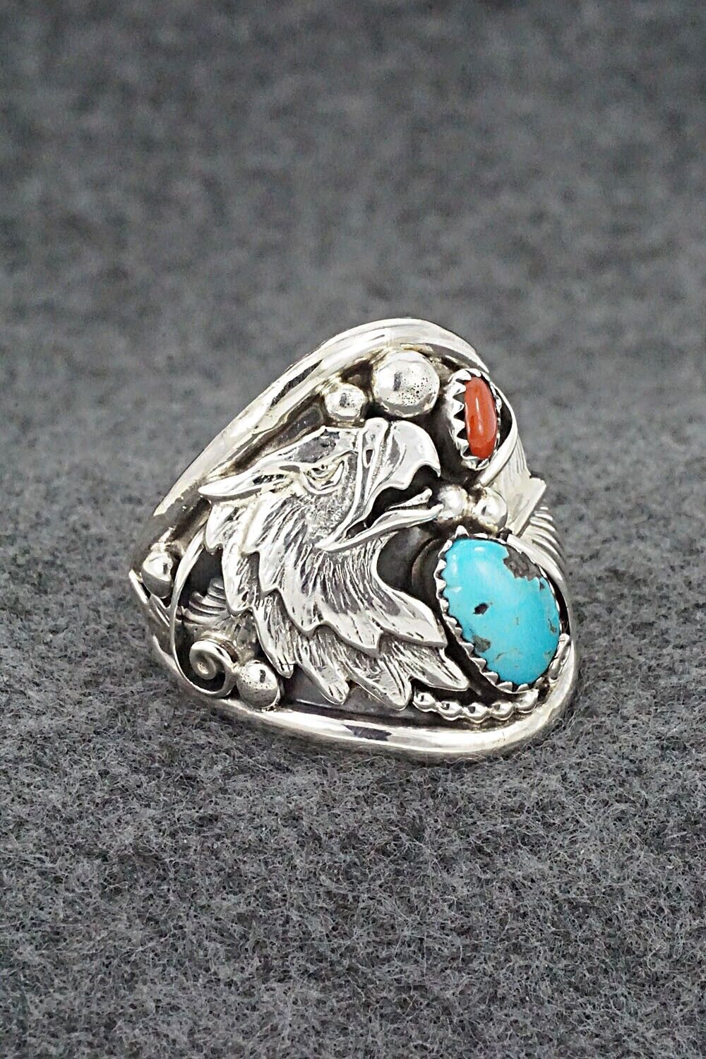 Turquoise, Coral & Sterling Silver Ring - Jeannette Saunders - Size 14