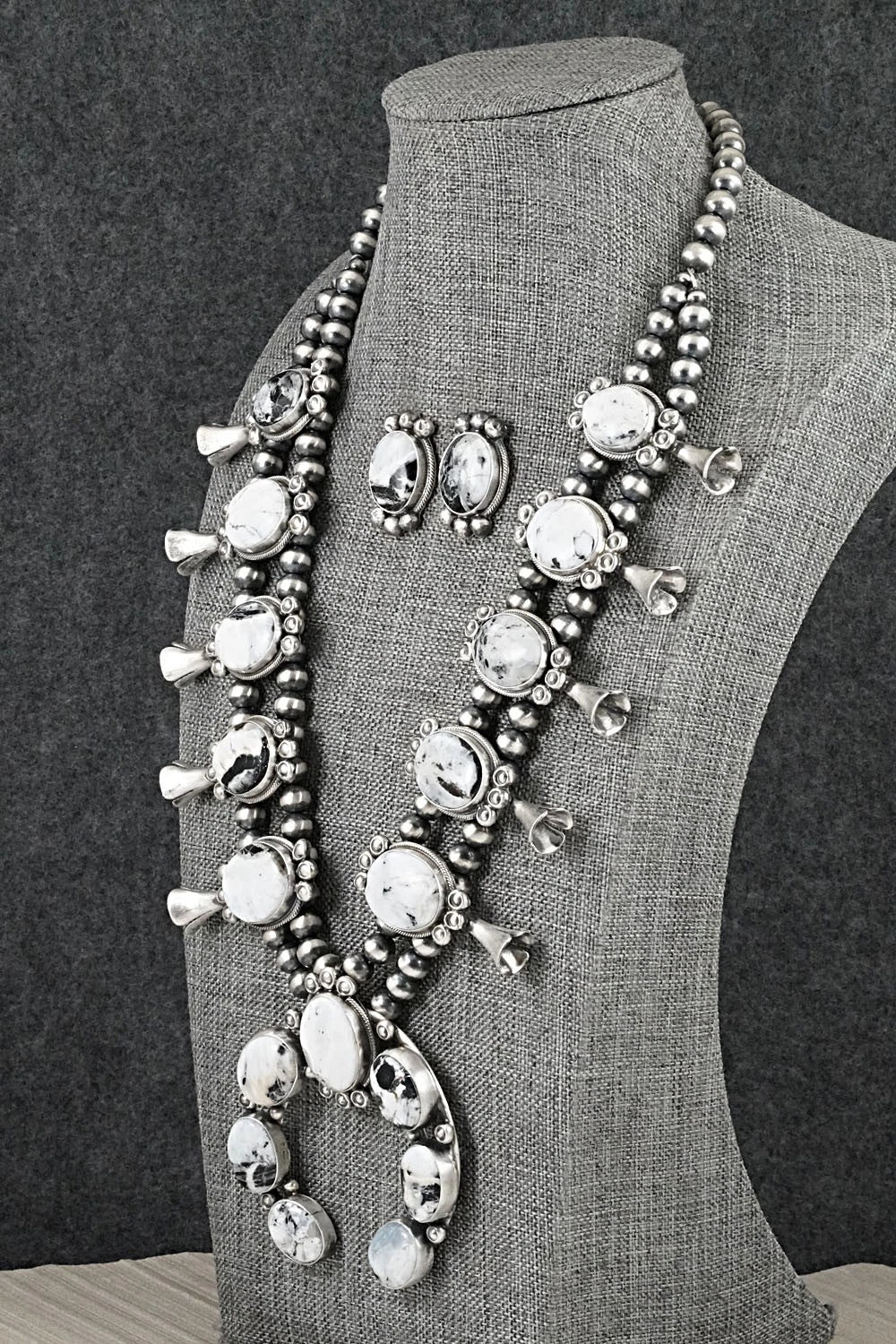 White Buffalo & Sterling Silver Squash Blossom Set - Darrin Livingston