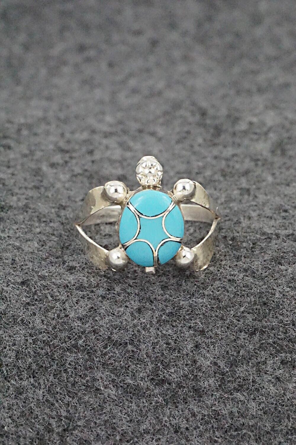 Turquoise & Sterling Silver Inlay Ring - Amelida Peynetsa - Size 8