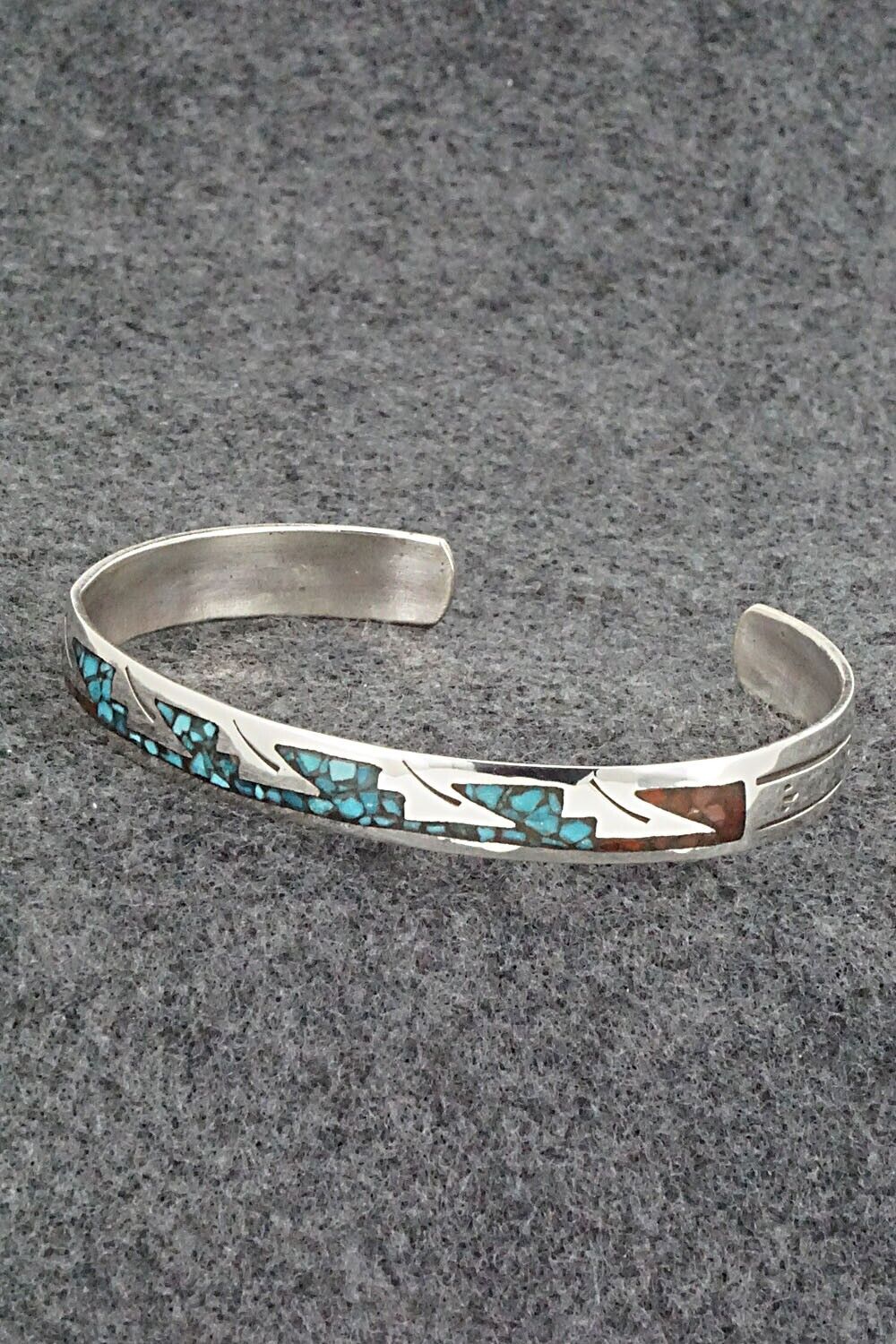 Turquoise, Coral Chip Inlay & Sterling Silver Bracelet - Joleen Yazzie