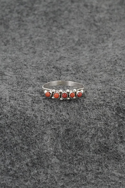 Coral & Sterling Silver Ring - April Haloo - Size 7.5