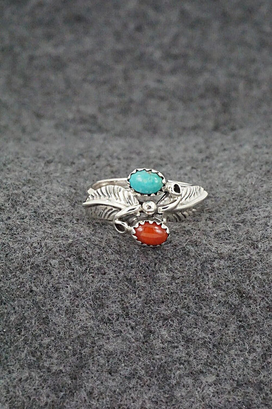 Turquoise, Coral & Sterling Silver Ring - Harry B. Yazzie - Size 7.75