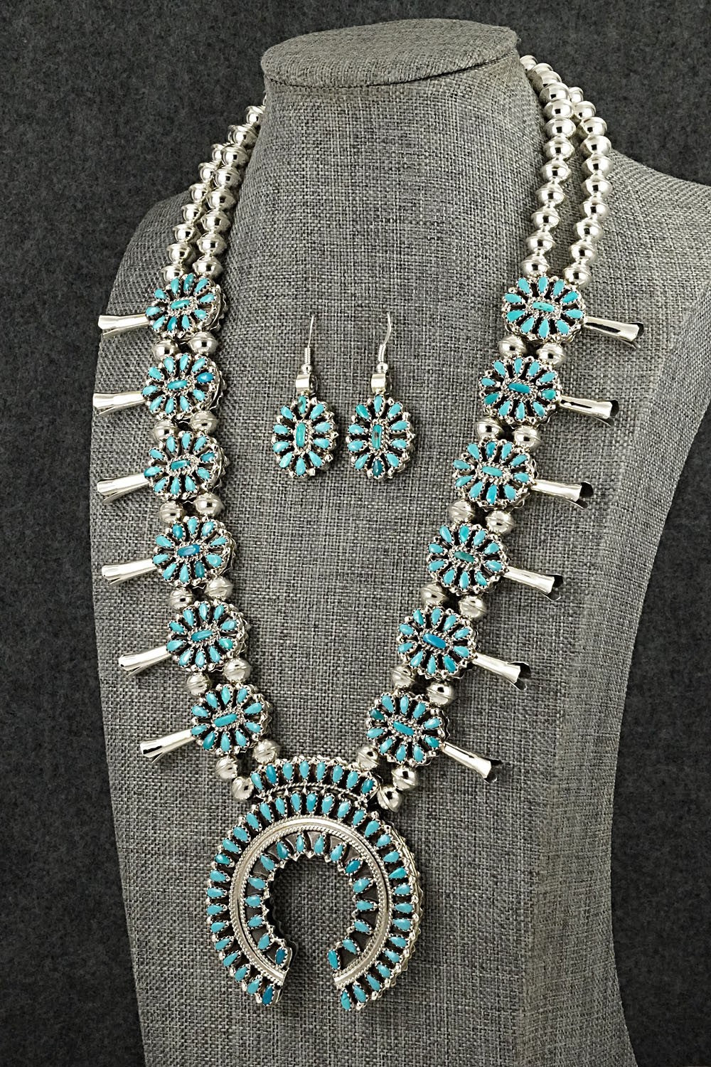 Turquoise, Coral & Sterling Silver Reversible Squash Blossom Set - Elton James