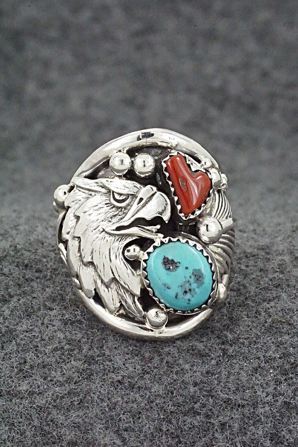 Turquoise, Coral & Sterling Silver Ring - Jeannette Saunders - Size 9.5