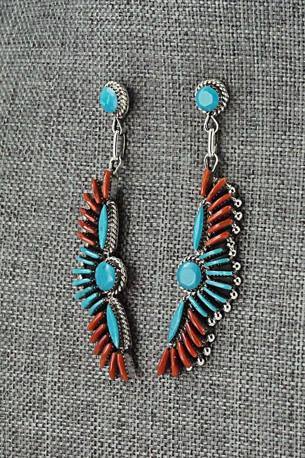 Turquoise, Coral & Sterling Silver Earrings - Edmund Cooeyate