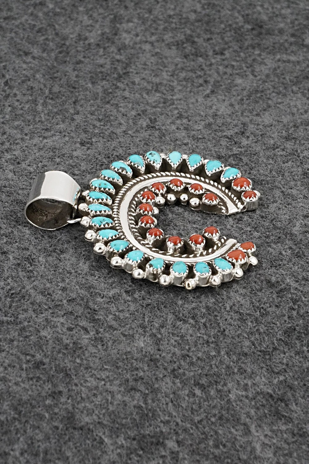 Turquoise, Coral & Sterling Silver Pendant - Leroy Kee