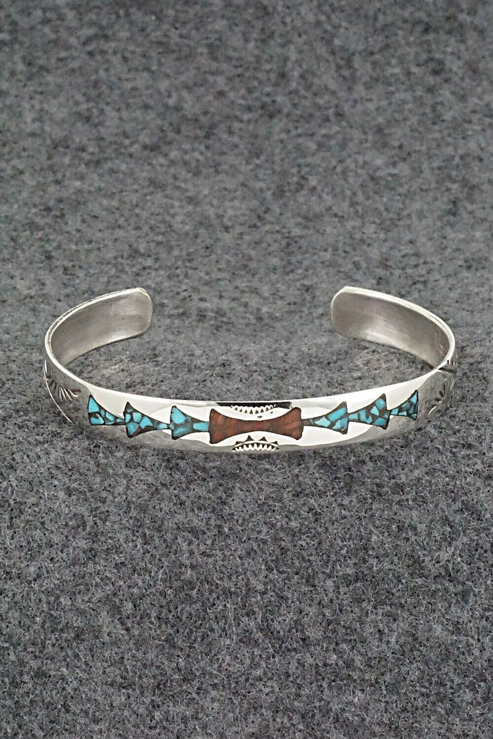 Turquoise, Coral Chip Inlay & Sterling Silver Bracelet - Joleen Yazzie