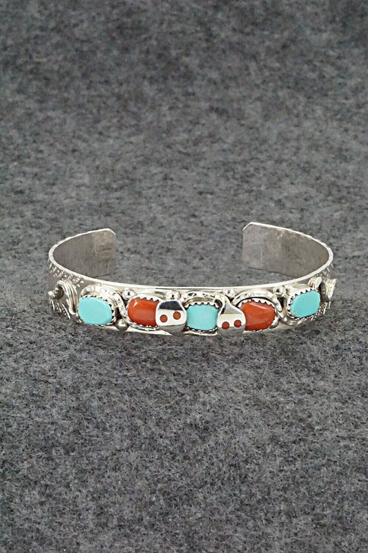 Turquoise, Coral & Sterling Silver Bracelet - Joy Calavaza