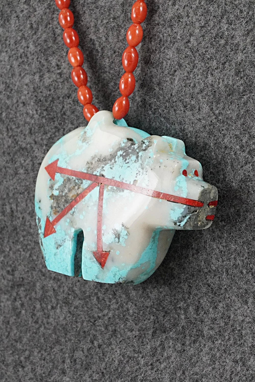 Coral, Turquoise Zuni Fetish & Sterling Silver Necklace - Bernard Laiwakete