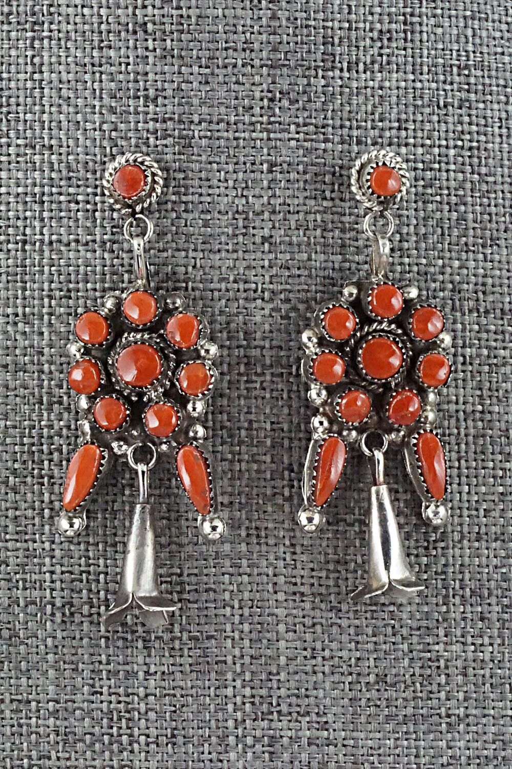 Coral & Sterling Silver Squash Blossom and Earrings Set - Viola Bobelu