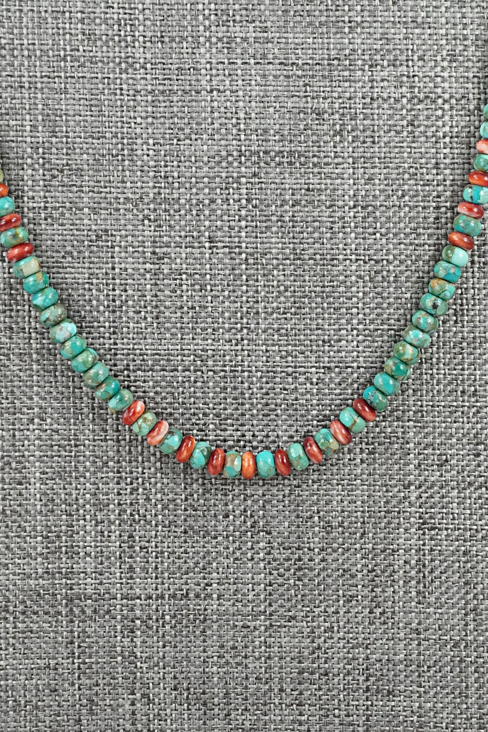 Turquoise, Spiny Oyster & Sterling Silver Necklace 20" - Helen Tsosie