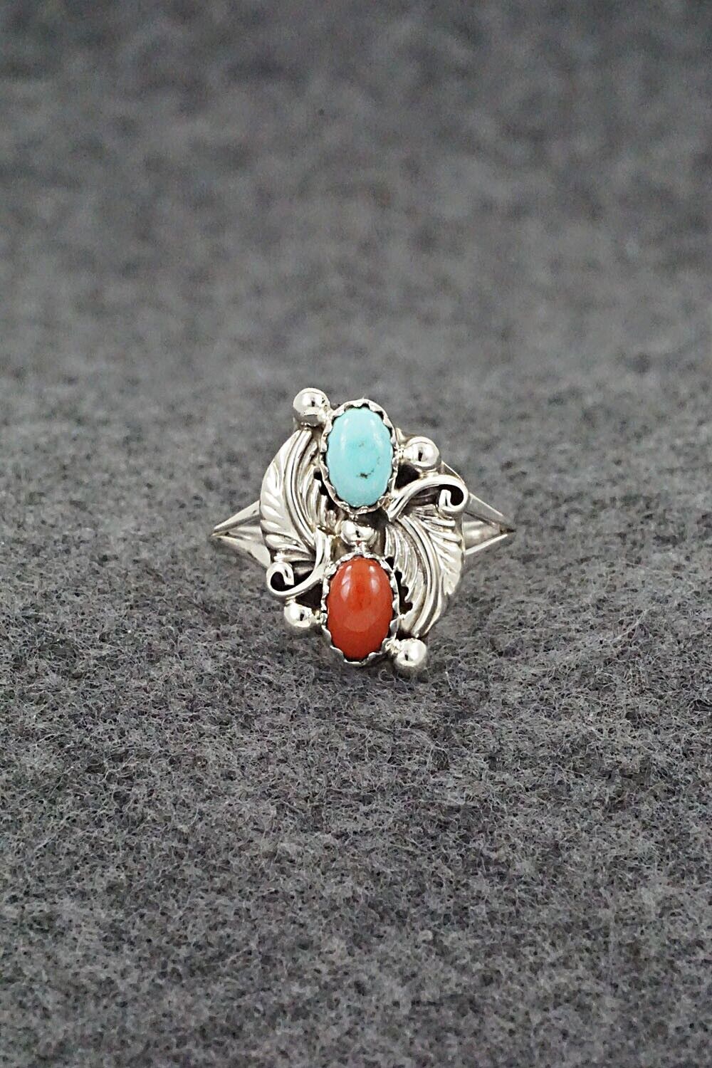 Turquoise, Coral & Sterling Silver Ring - Harris Largo - Size 6.75