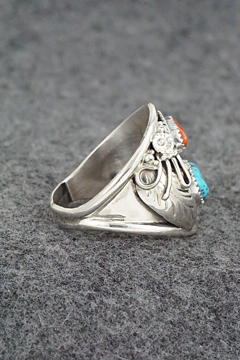 Turquoise, Coral & Sterling Silver Ring - Leonard Spencer - Size 11.5