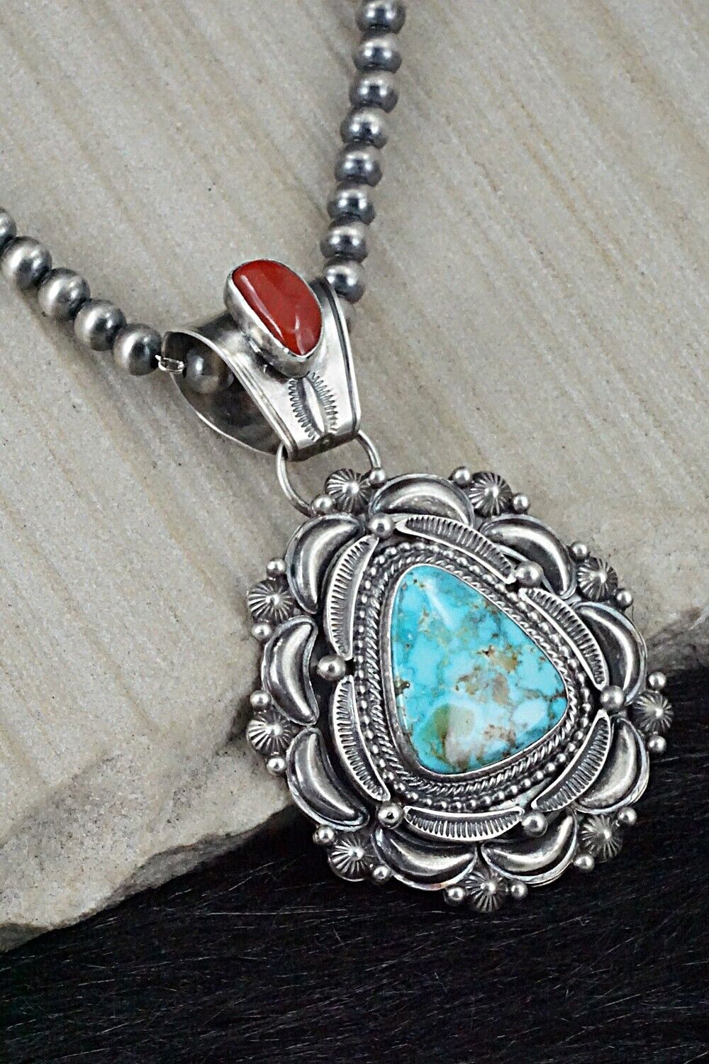Turquoise, Coral & Sterling Silver Necklace - Tom Lewis