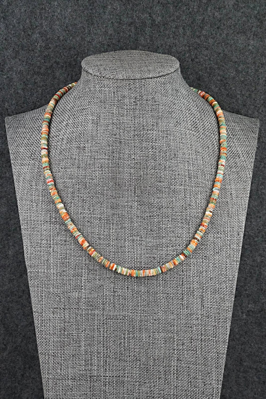 Turquoise, Spiny Oyster & Sterling Silver Necklace 17" - Doreen Jake