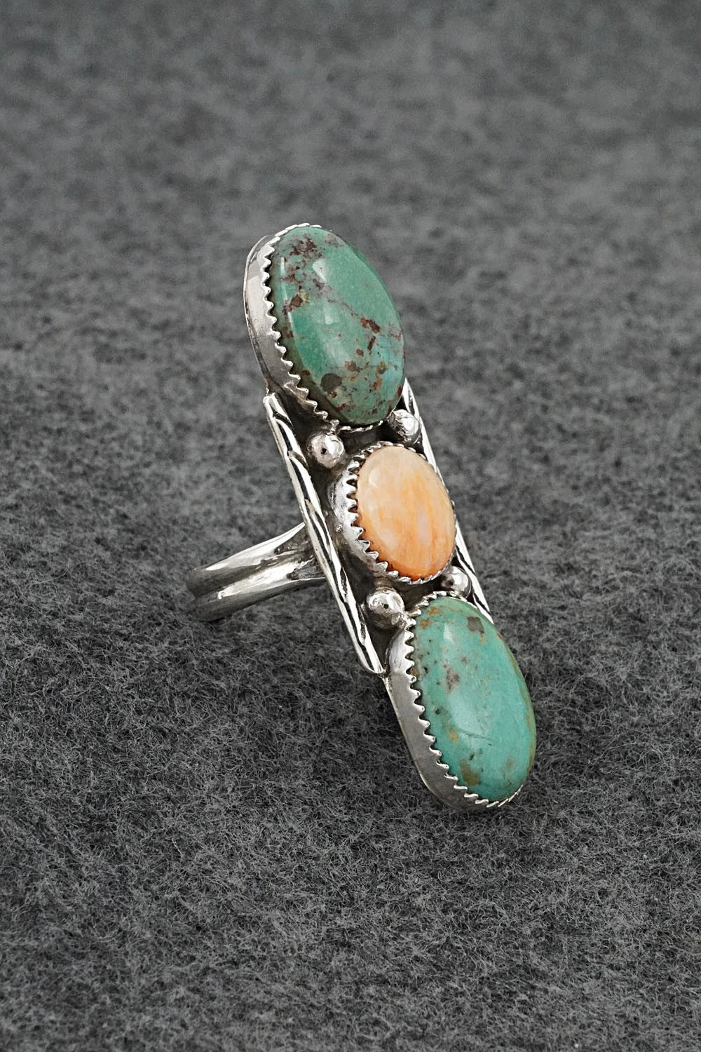 Turquoise, Spiny Oyster & Sterling Silver Ring - Priscilla Reeder - Size 7.5