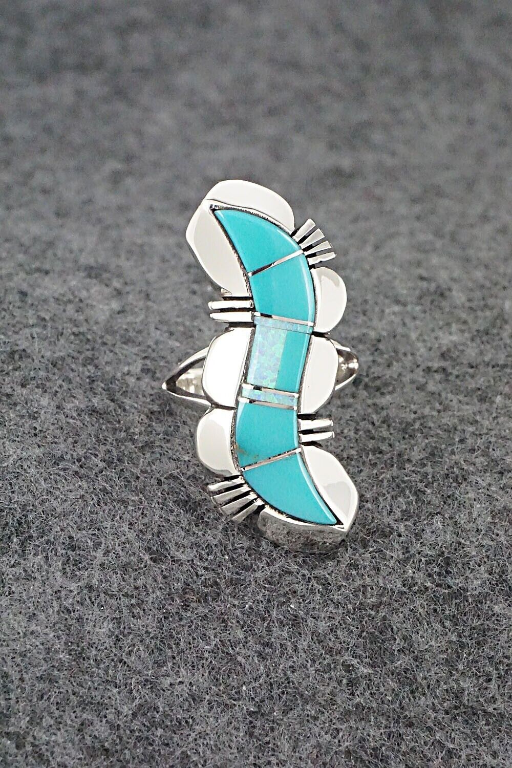 Turquoise, Opalite & Sterling Silver Inlay Ring - James Manygoats - Size 6