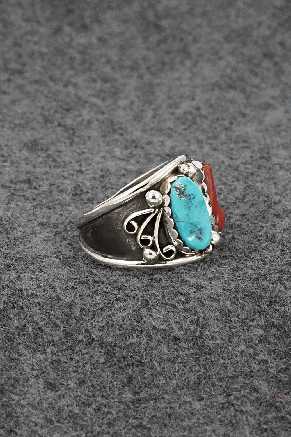 Turquoise, Coral & Sterling Silver Ring - Darrell Morgan - Size 13