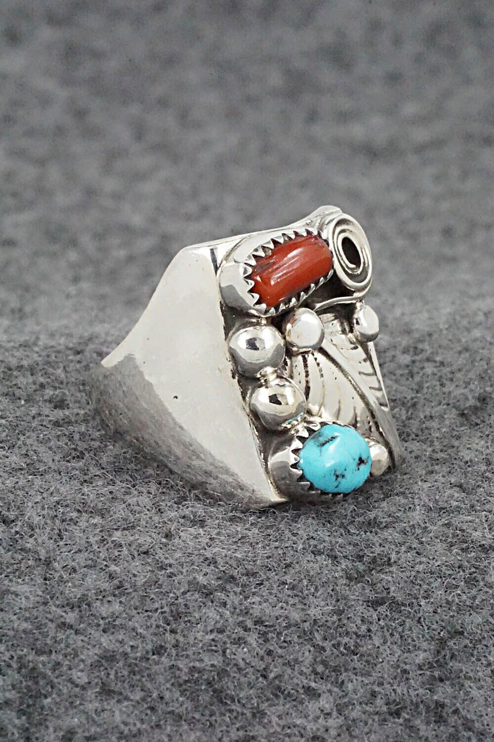 Coral, Turquoise & Sterling Silver Ring - Wilbur Myers - Size 9