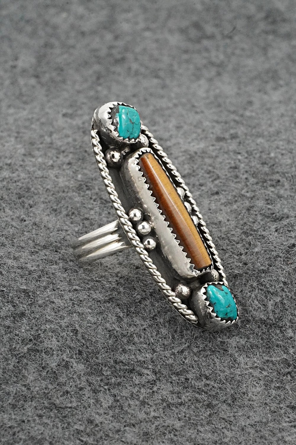 Turquoise, Tiger's Eye & Sterling Silver Ring - Priscilla Reeder - Size 8.5