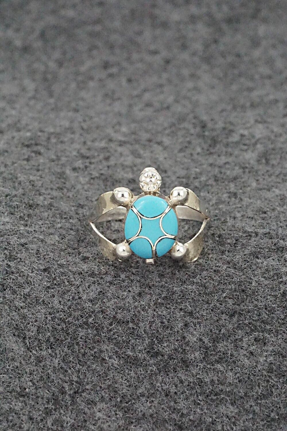 Turquoise & Sterling Silver Inlay Ring - Amelida Peynetsa - Size 8