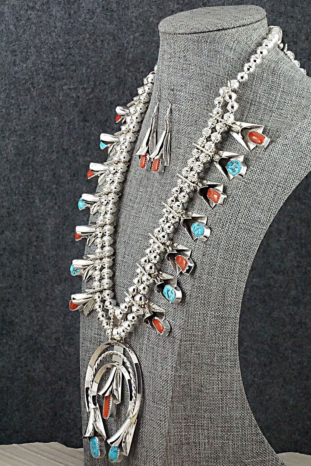 Turquoise, Coral & Sterling Silver Squash Blossom Set - Louise Yazzie