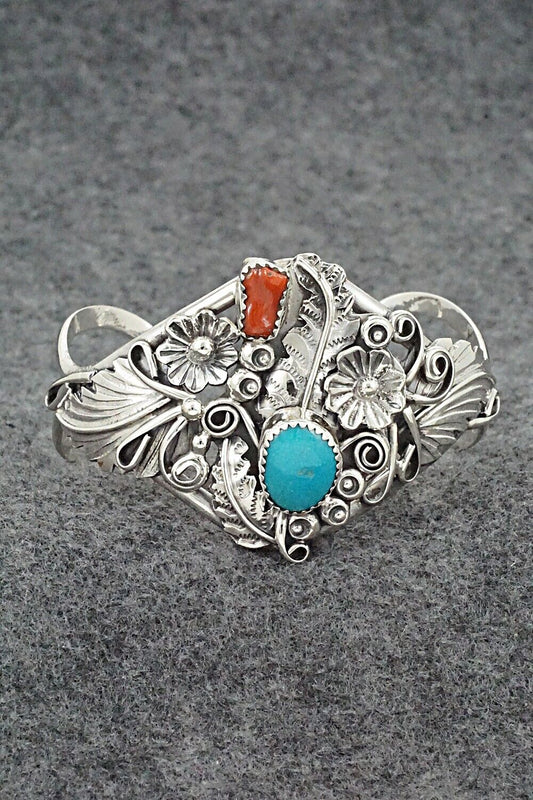 Turquoise, Coral & Sterling Silver Bracelet - Harry Yazzie