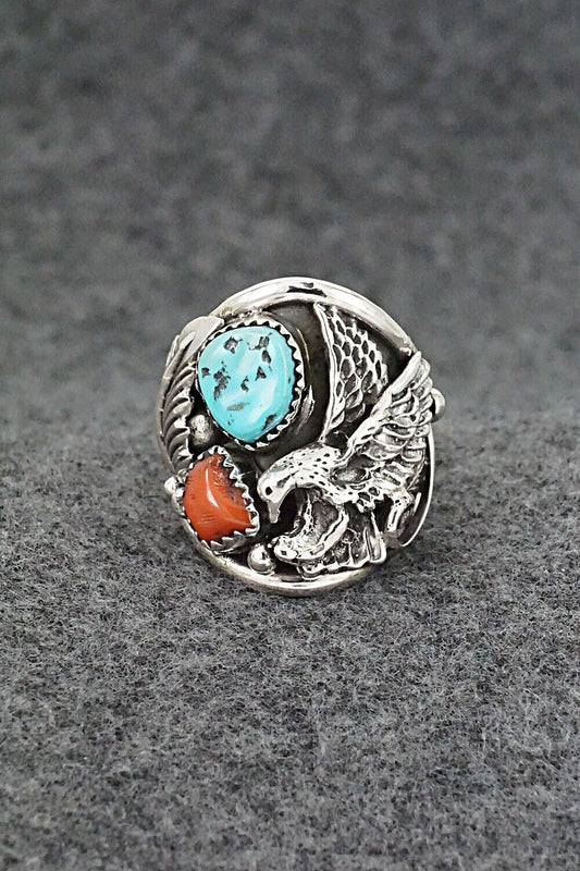 Turquoise, Coral & Sterling Silver Ring - Jeannette Saunders - Size 9.5